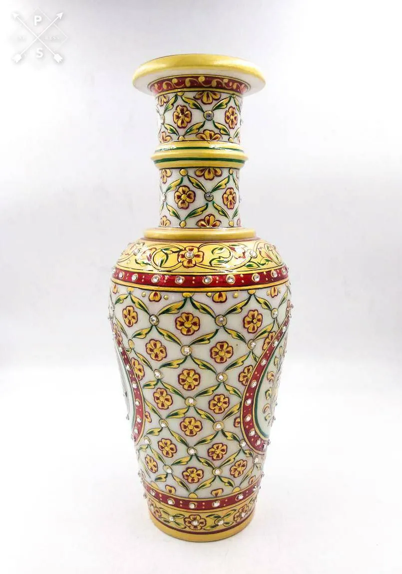 12" MARBLE FLOWER VASE EMBOSED PAINTING