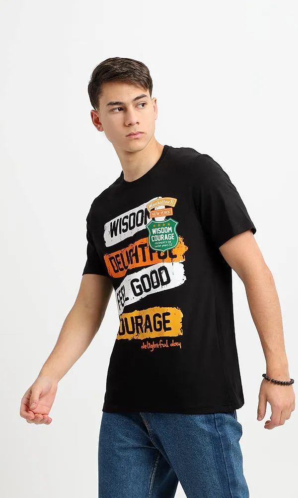 95060 "Wisdom Courage" Regular Fit Round Tee - Black