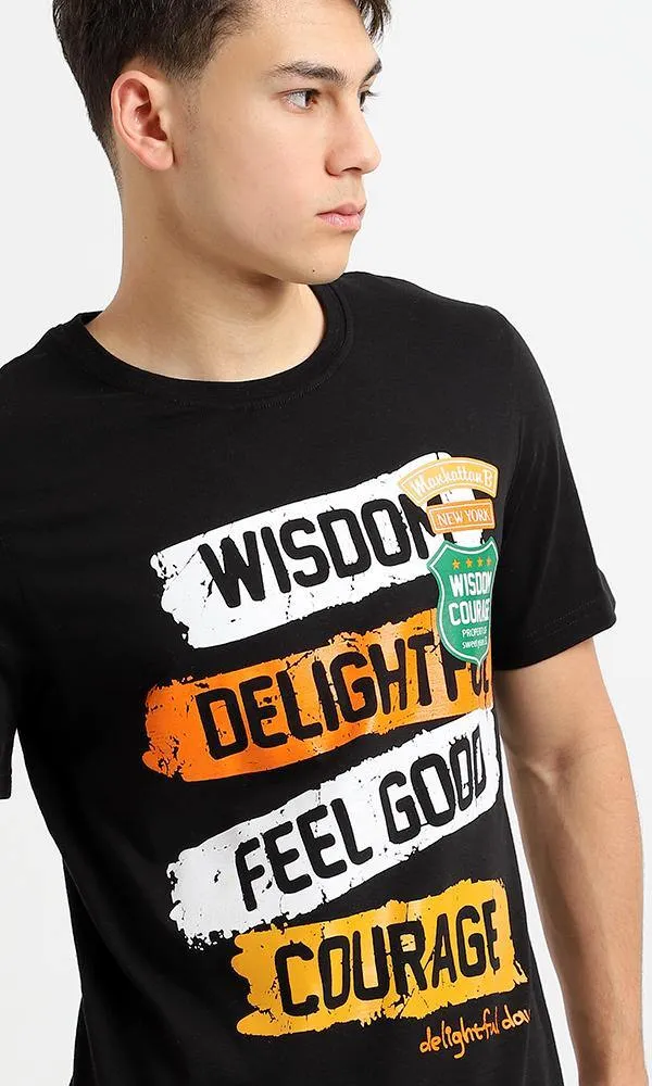 95060 "Wisdom Courage" Regular Fit Round Tee - Black