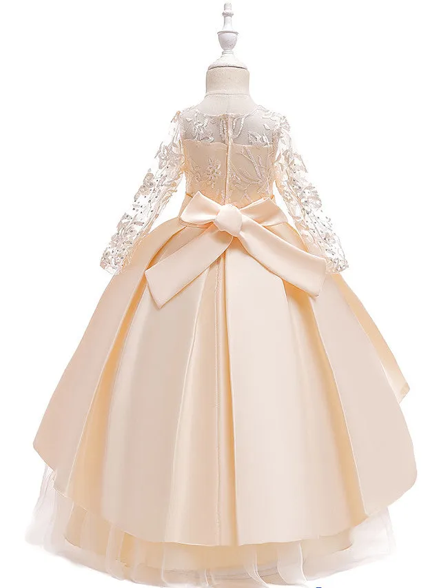 A-Line Jewel Neck Wedding Formal Evening Pageant Flower Girl Dresses With Sleeves