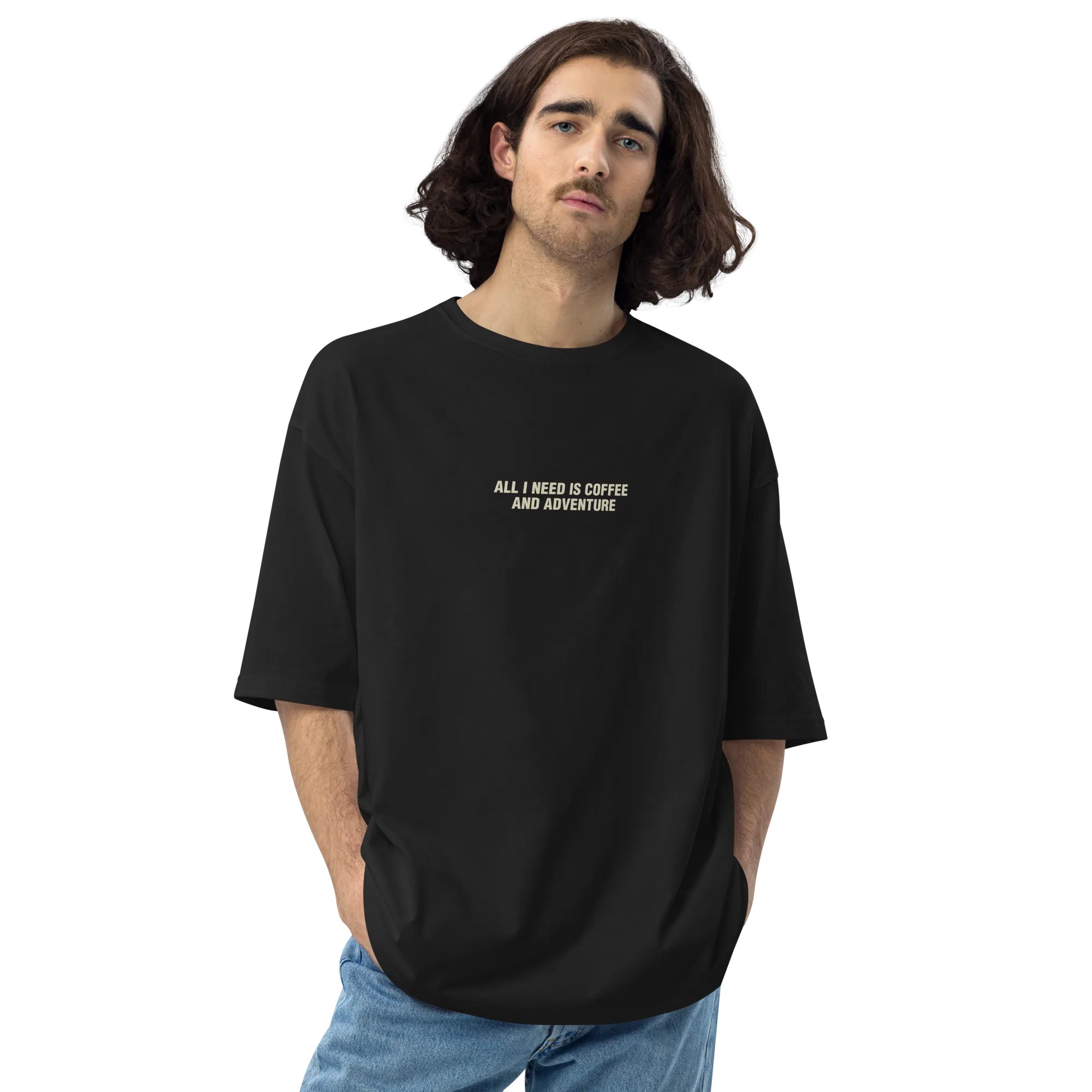 All I Need Is Coffee And Adventure Back Unisex Oversized T-Shirt