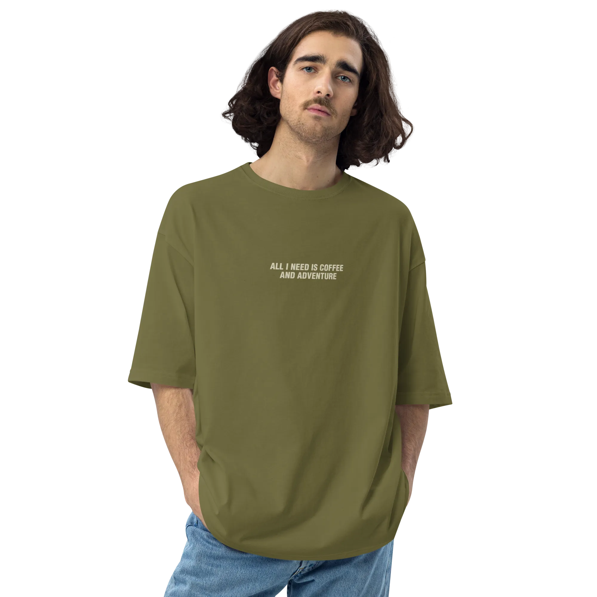 All I Need Is Coffee And Adventure Back Unisex Oversized T-Shirt