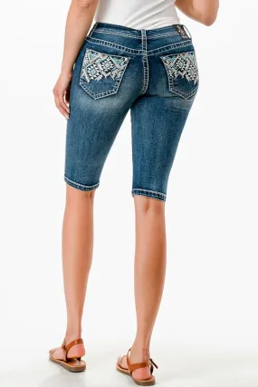 Aztec Colorful Embellishment Mid Rise Denim Bermuda