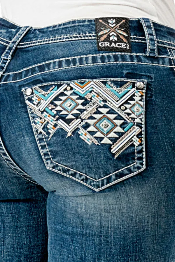 Aztec Colorful Embellishment Mid Rise Denim Bermuda