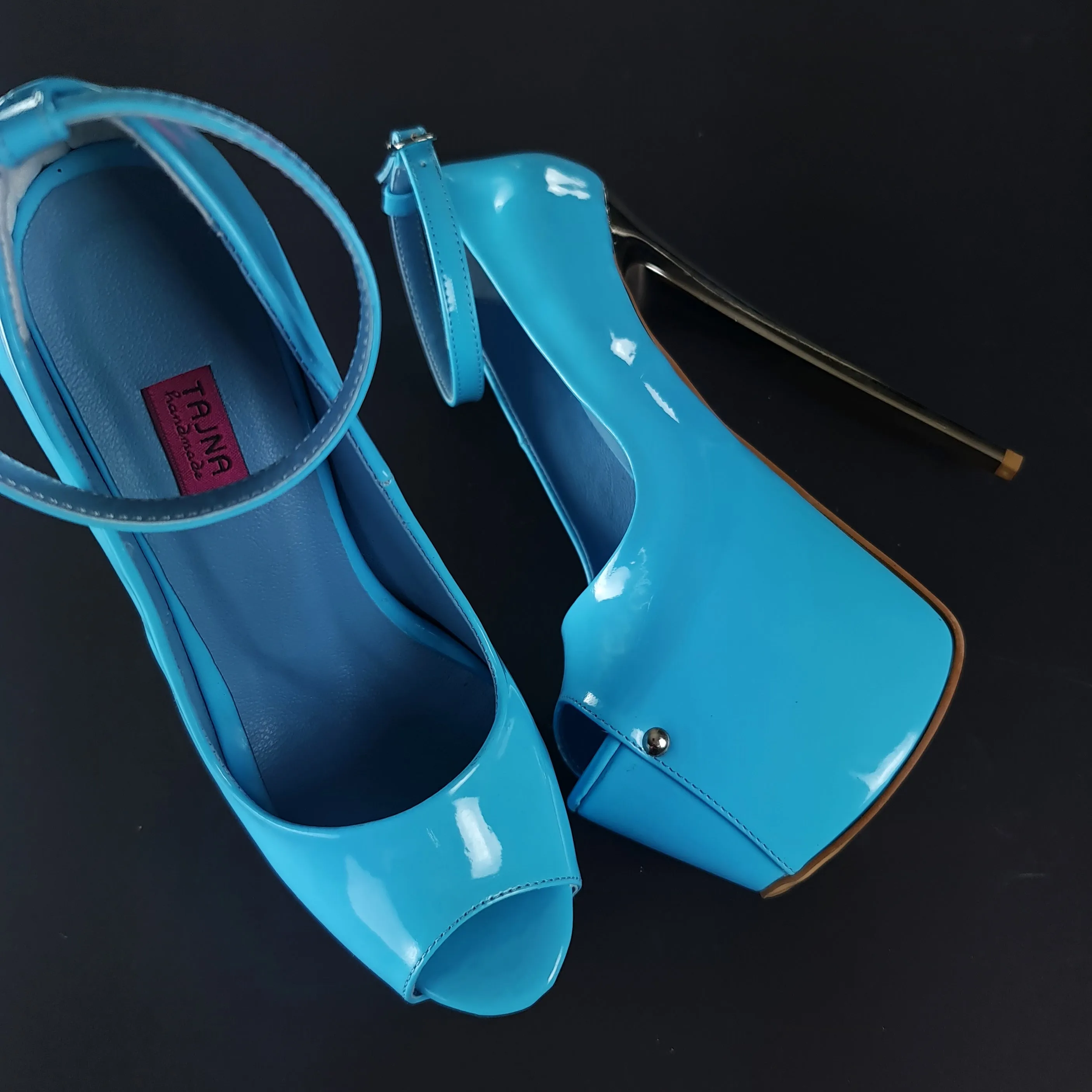 Baby Blue Gloss Ankle Strap Metallic High Heels