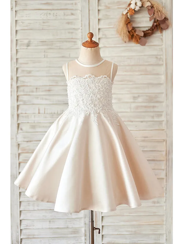 Ball Gown Satin Sleeveless Jewel Neck Wedding Birthday Flower Girl Dresses