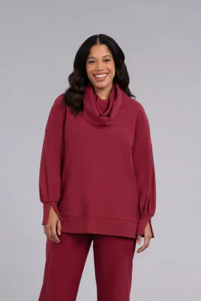 Bamboo Fleece Cowl Neck Pleat Sleeve Top | Cherry