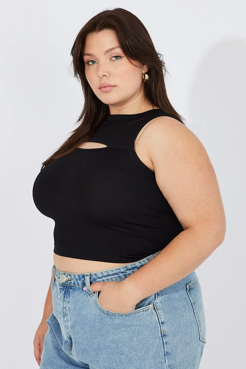 Black Cut Out Tank Top Crew Neck Seamless