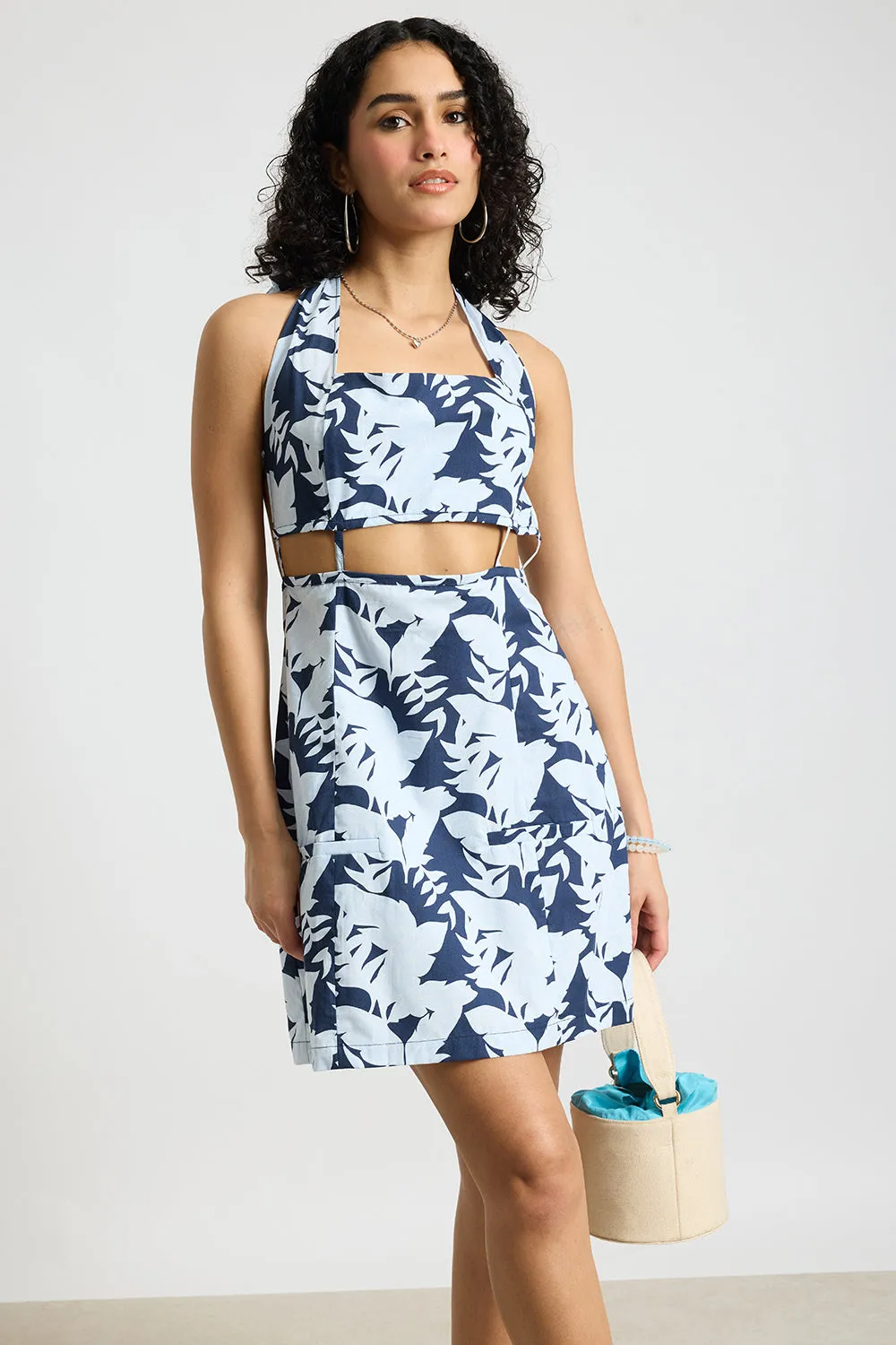 Blue Botanical Printed Poplin Dress