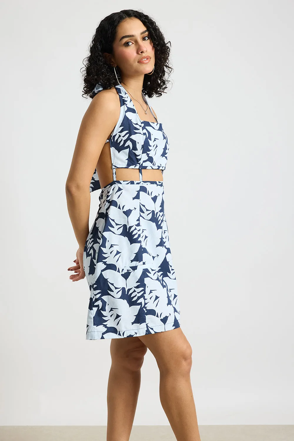 Blue Botanical Printed Poplin Dress