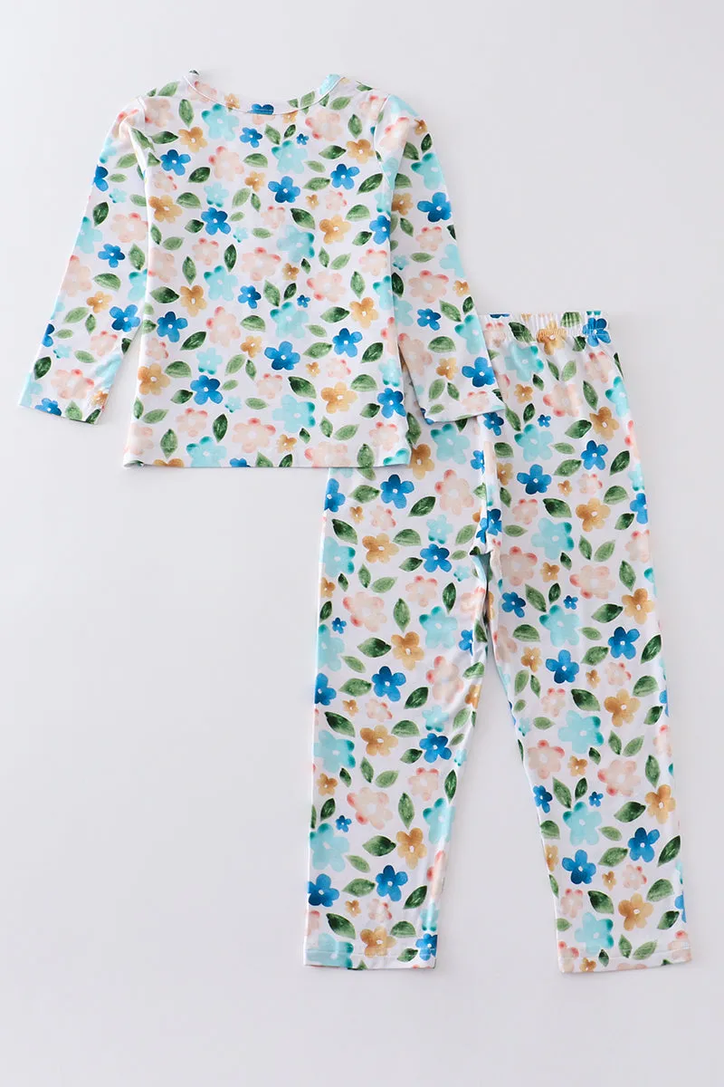 Blue floral print bamboo pajamas set