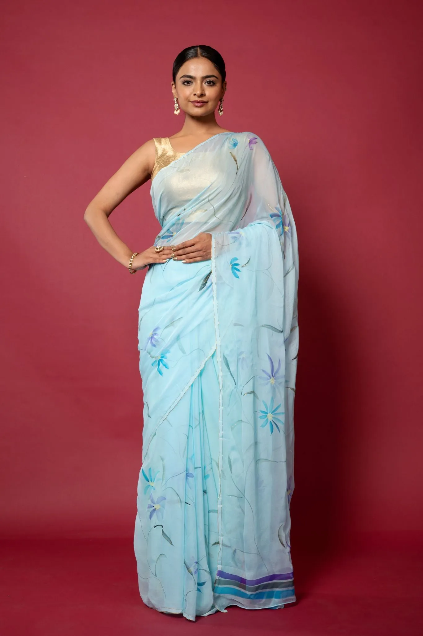 Blue Handpainted Viscose Chiffon Saree