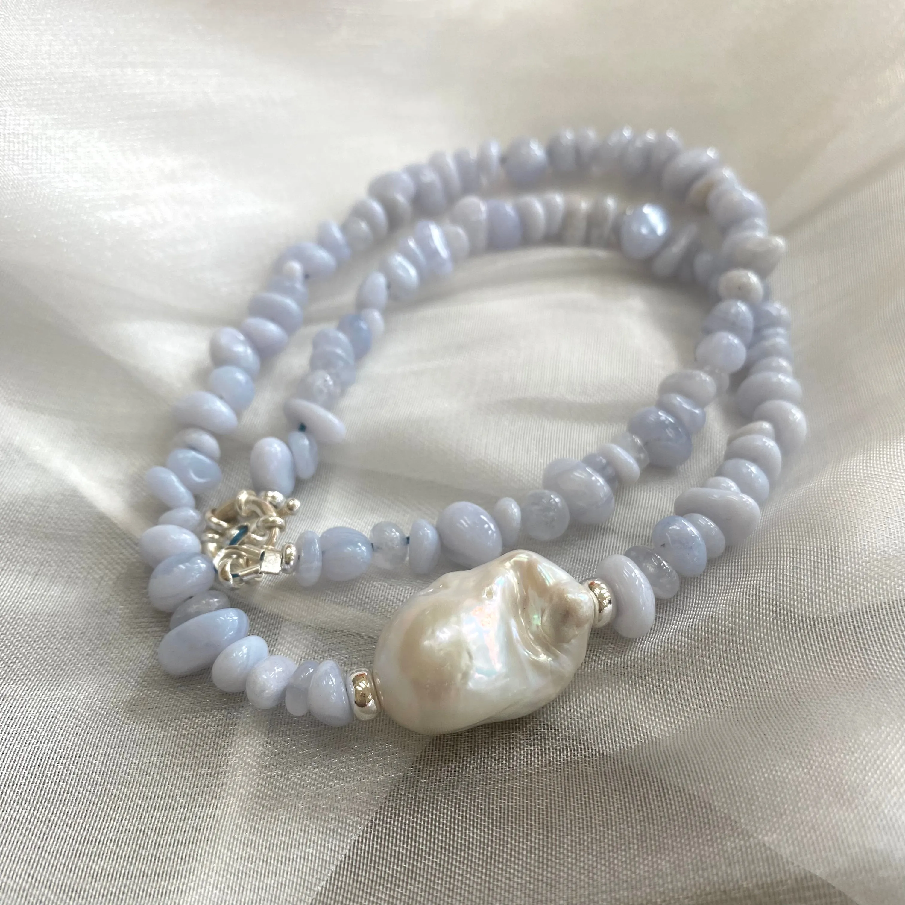 Blue Lace Agate Nugget Beads Necklace and Freshwater Baroque Pearl, Sterling Silver, 18.5inches