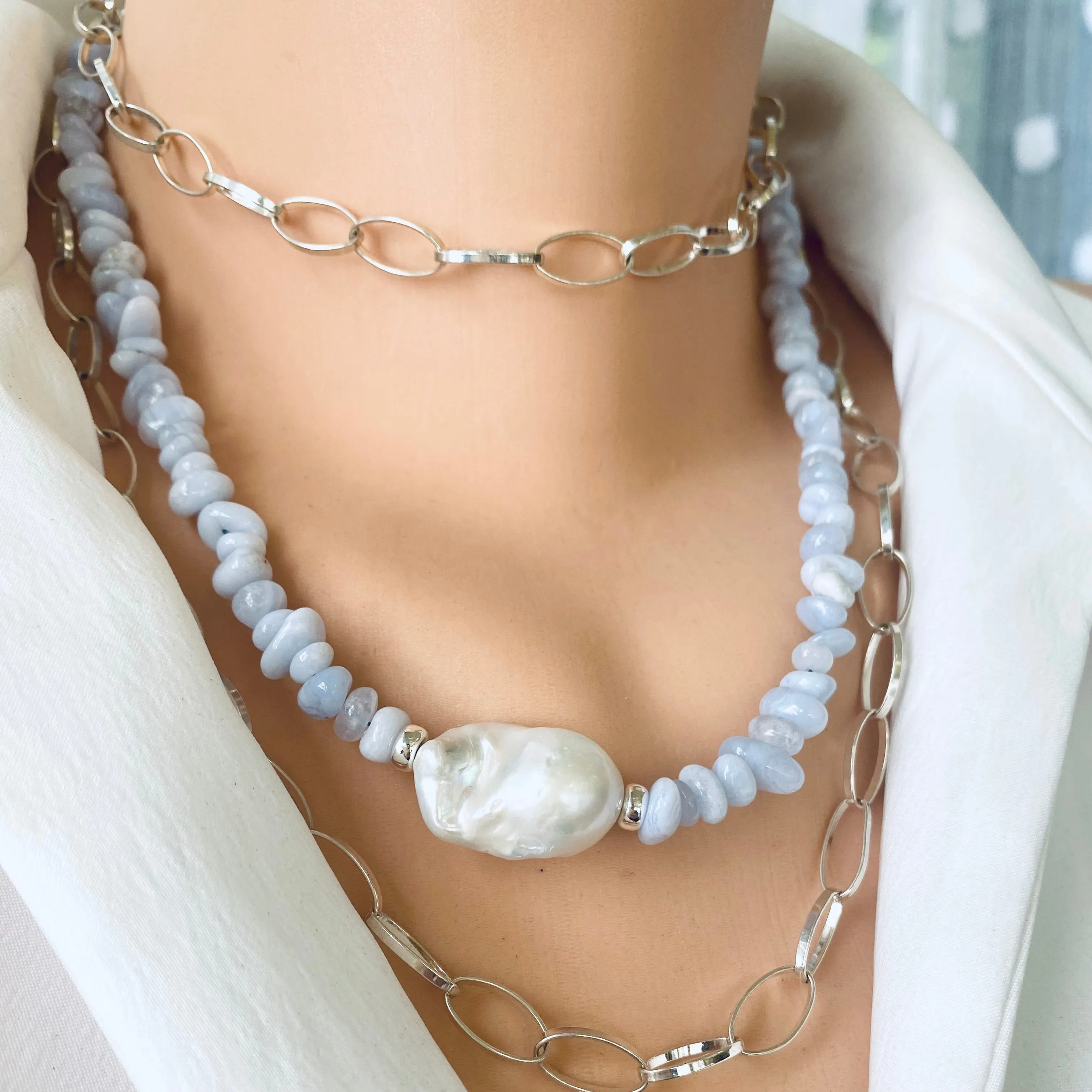 Blue Lace Agate Nugget Beads Necklace and Freshwater Baroque Pearl, Sterling Silver, 18.5inches