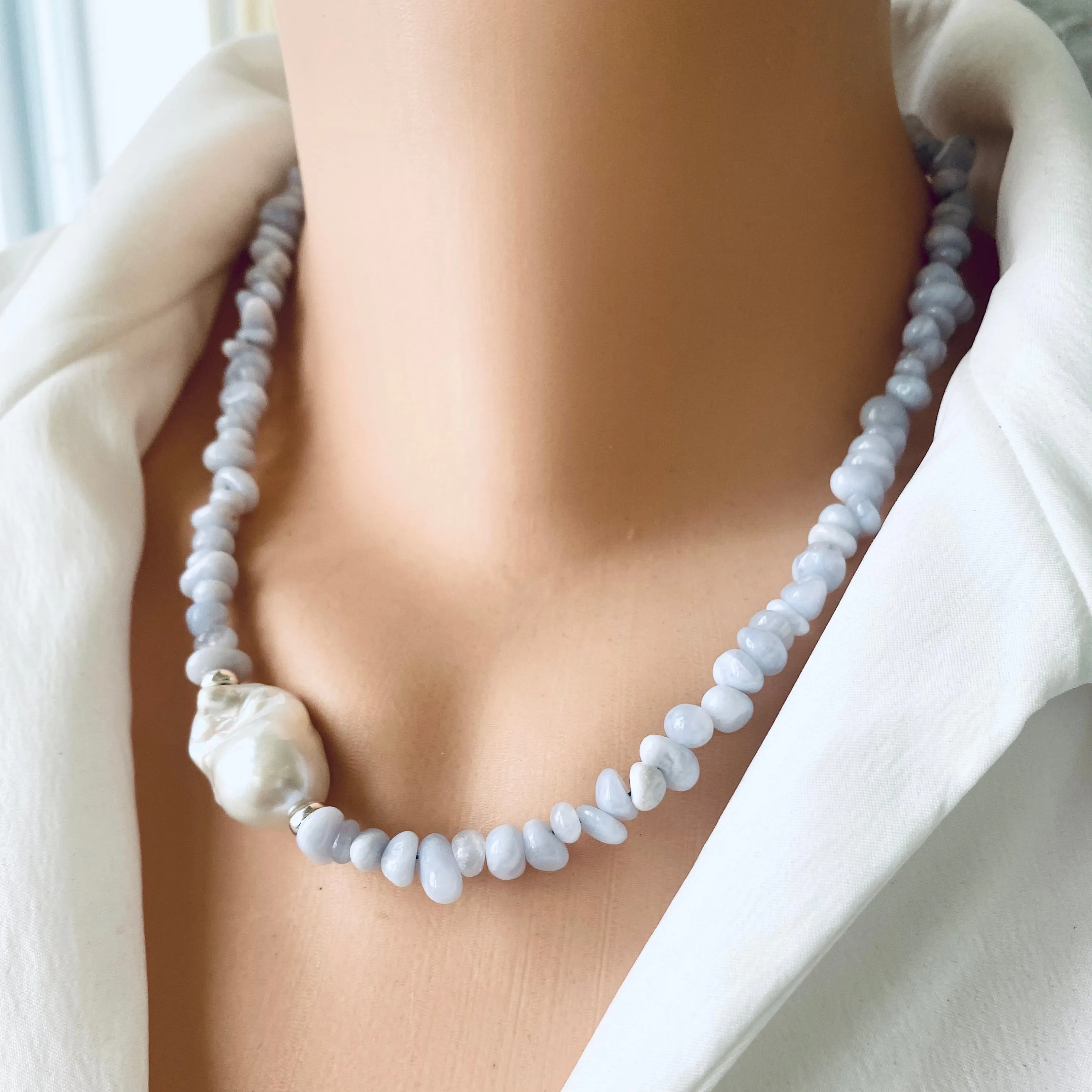 Blue Lace Agate Nugget Beads Necklace and Freshwater Baroque Pearl, Sterling Silver, 18.5inches