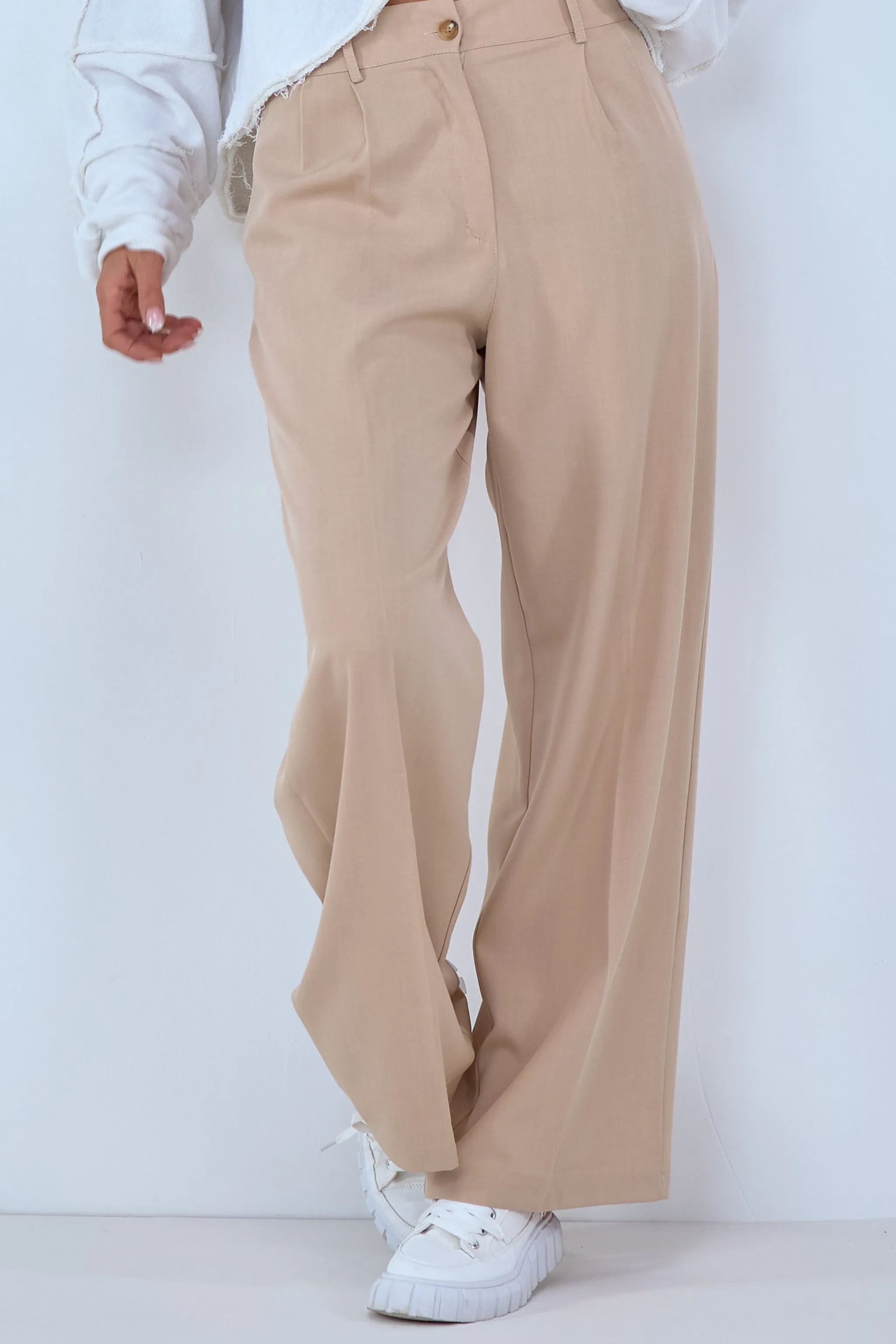 Bundfaltenhose im Marlene Style, beige