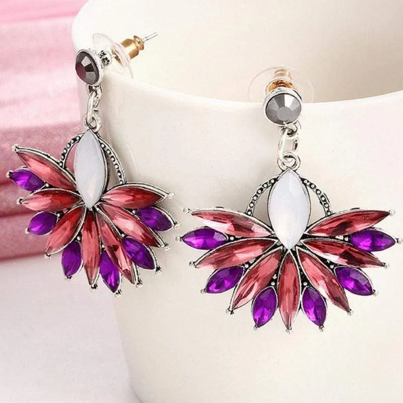 Bursting Flower Pink-Purple Gem Earrings