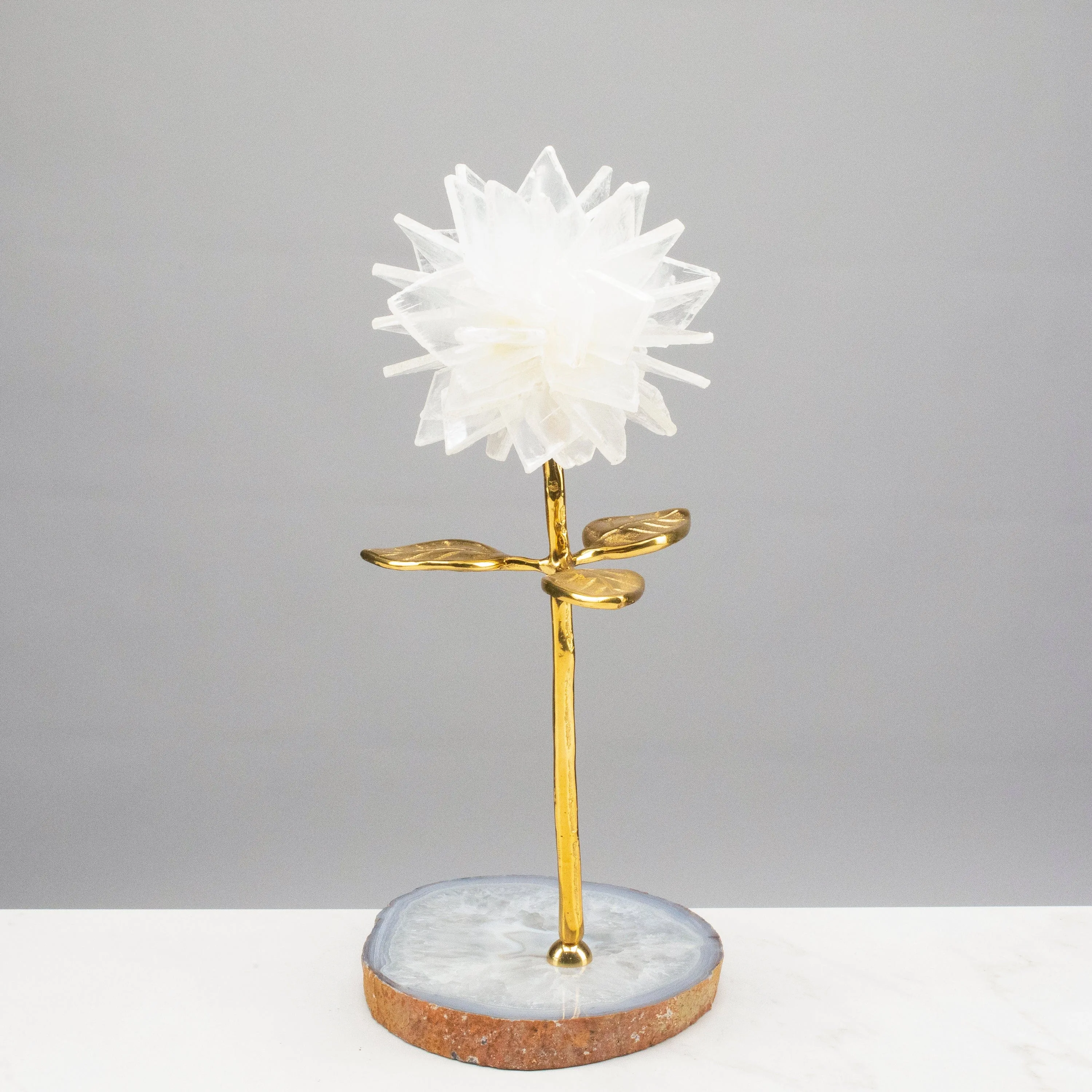 Calcite Flower with Brass Stem on Agate Base