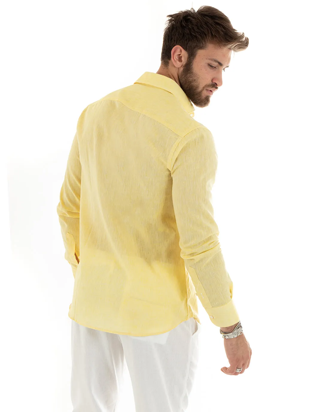 Camicia Uomo Con Colletto Francese Manica Lunga Lino Melangiata Sartoriale Giallo GIOSAL-C2681A