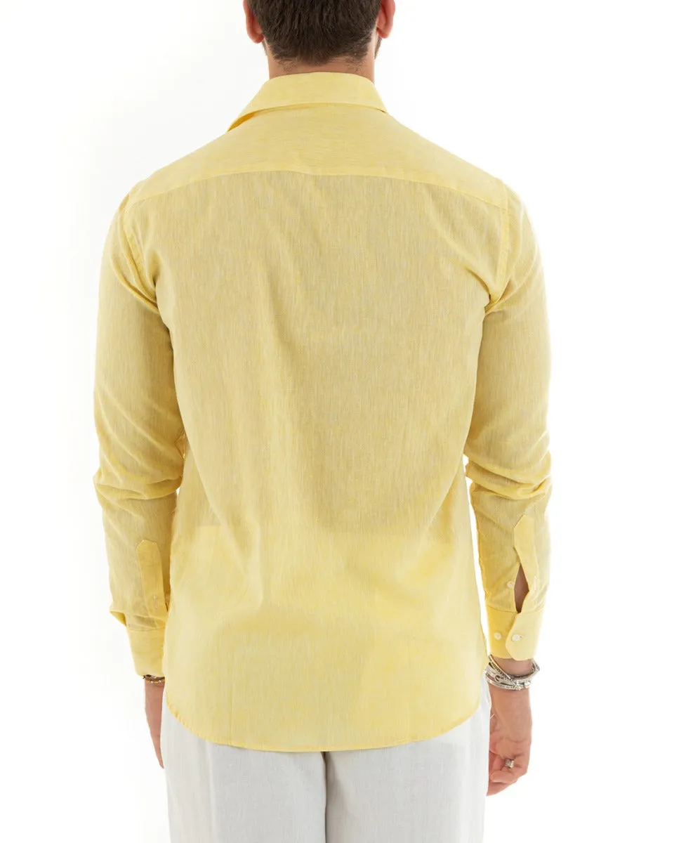 Camicia Uomo Con Colletto Francese Manica Lunga Lino Melangiata Sartoriale Giallo GIOSAL-C2681A