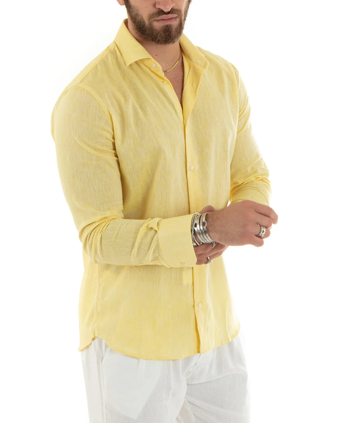 Camicia Uomo Con Colletto Francese Manica Lunga Lino Melangiata Sartoriale Giallo GIOSAL-C2681A