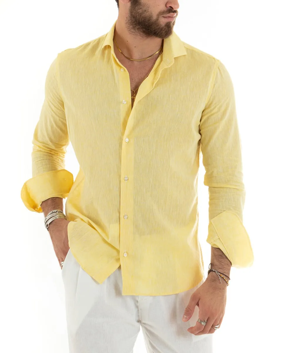 Camicia Uomo Con Colletto Francese Manica Lunga Lino Melangiata Sartoriale Giallo GIOSAL-C2681A