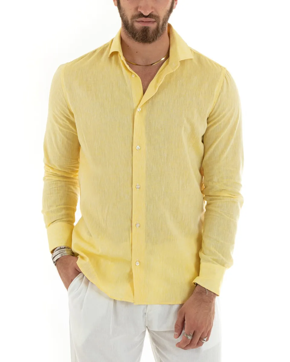 Camicia Uomo Con Colletto Francese Manica Lunga Lino Melangiata Sartoriale Giallo GIOSAL-C2681A