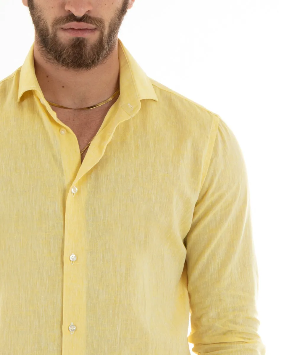 Camicia Uomo Con Colletto Francese Manica Lunga Lino Melangiata Sartoriale Giallo GIOSAL-C2681A