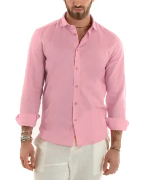 Camicia Uomo Con Colletto Tinta Unita Rosa Lino Manica Lunga Casual Sartoriale GIOSAL-C2725A