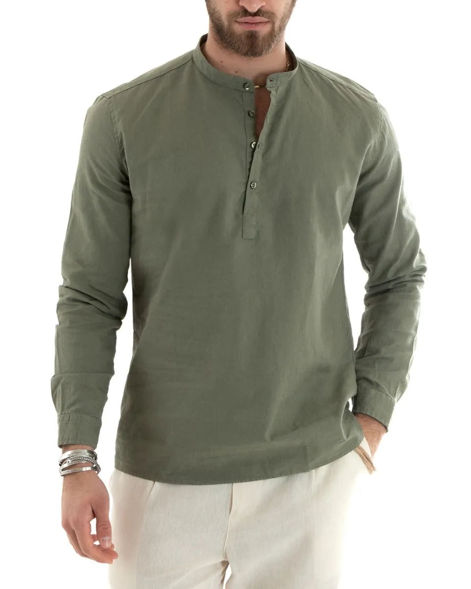 Camicia Uomo Serafino Casacca Manica Lunga Lino Tinta Unita Sartoriale Verde Militare GIOSAL-C2808A