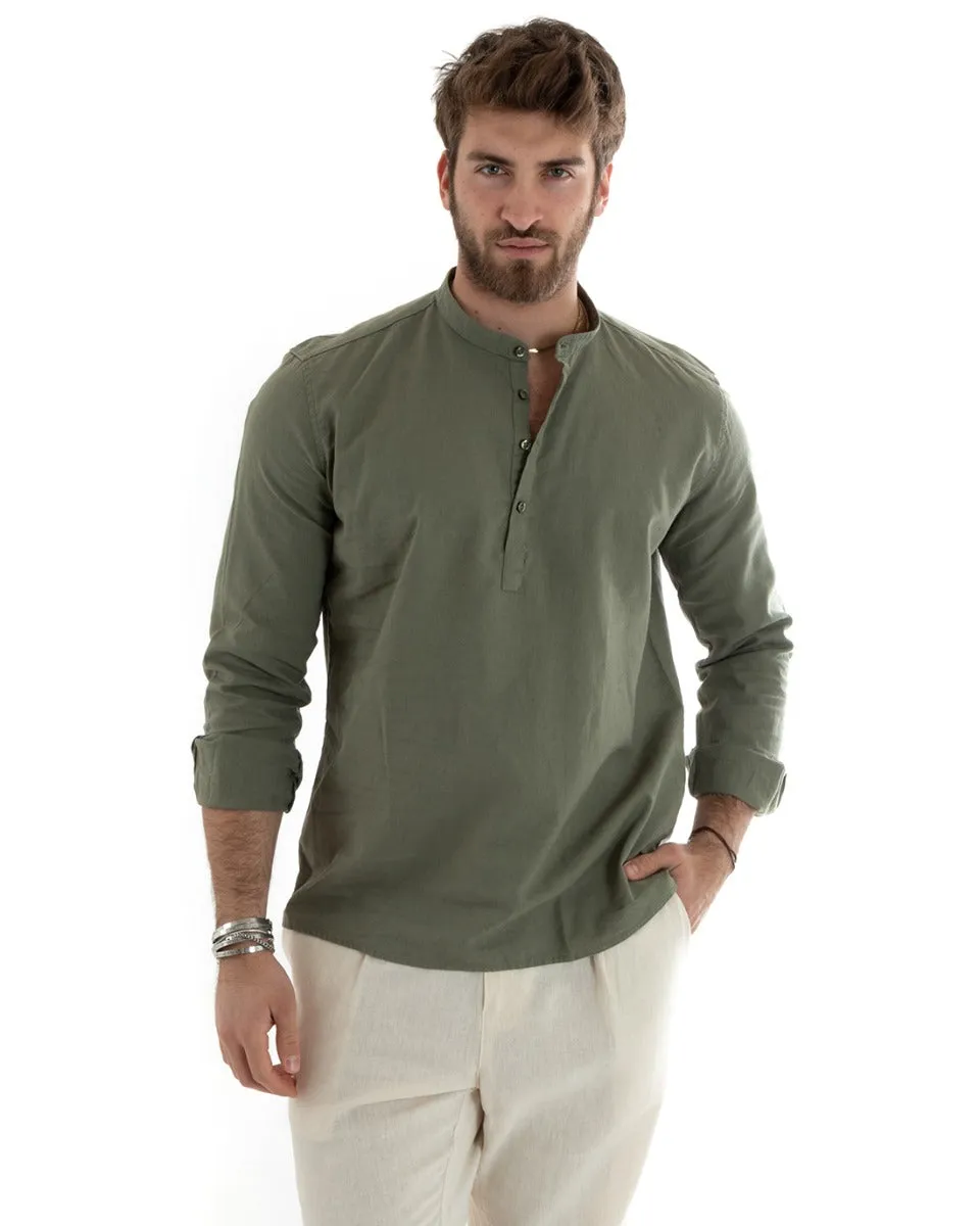 Camicia Uomo Serafino Casacca Manica Lunga Lino Tinta Unita Sartoriale Verde Militare GIOSAL-C2808A