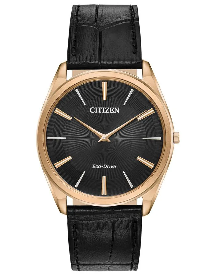 Citizen Mens Eco-Drive Stilletto Watch - Rose Gold-Tone - Black - Leather Strap