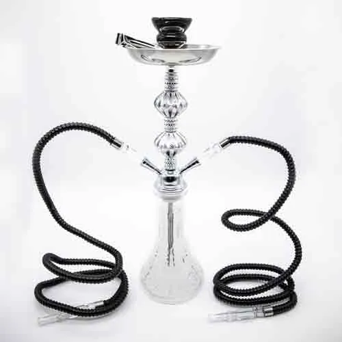 Clear Flower Pattern Glass Chrome Metal Hookah [Two Hose]