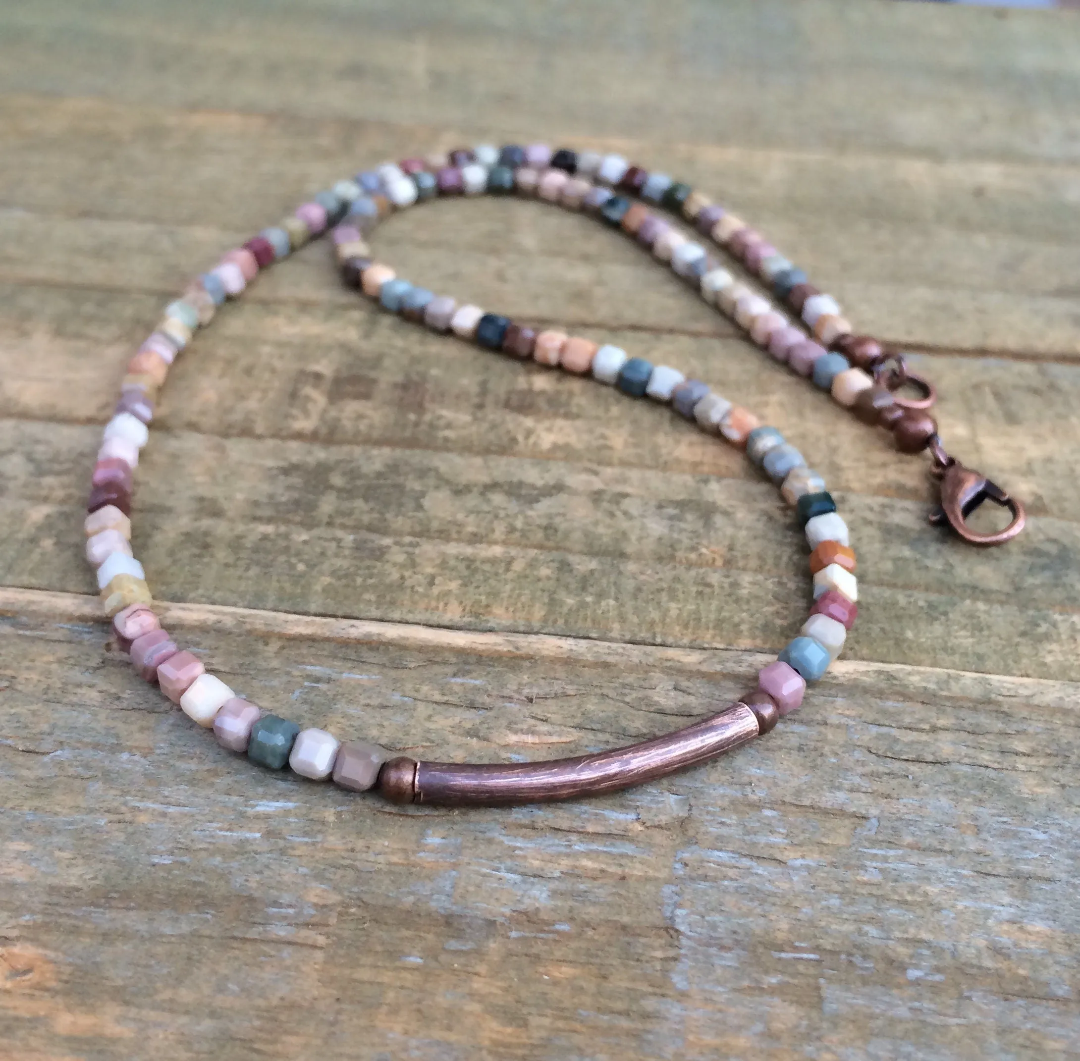 Colorful Agate Cube Necklace with Copper Czech Seed Beads