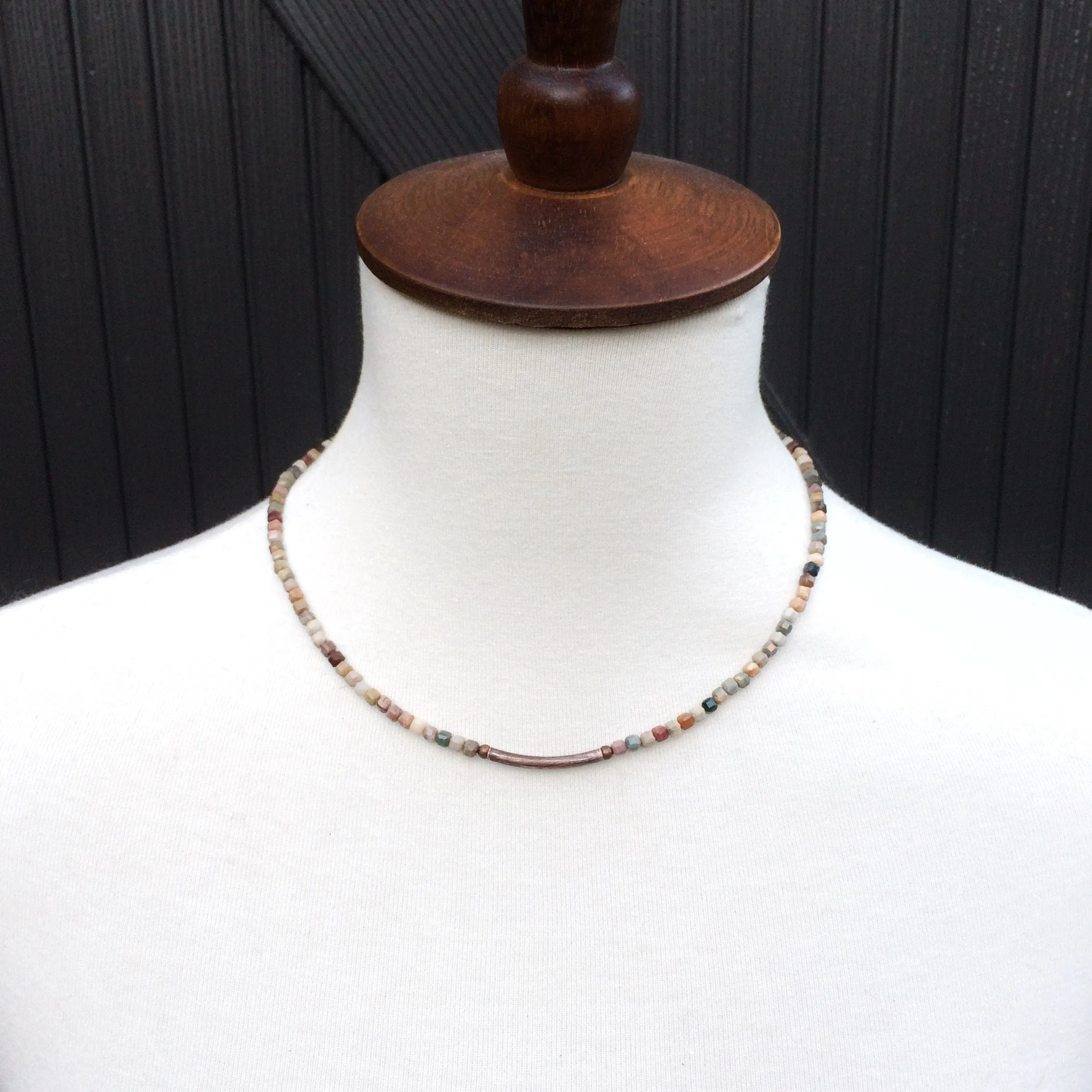 Colorful Agate Cube Necklace with Copper Czech Seed Beads