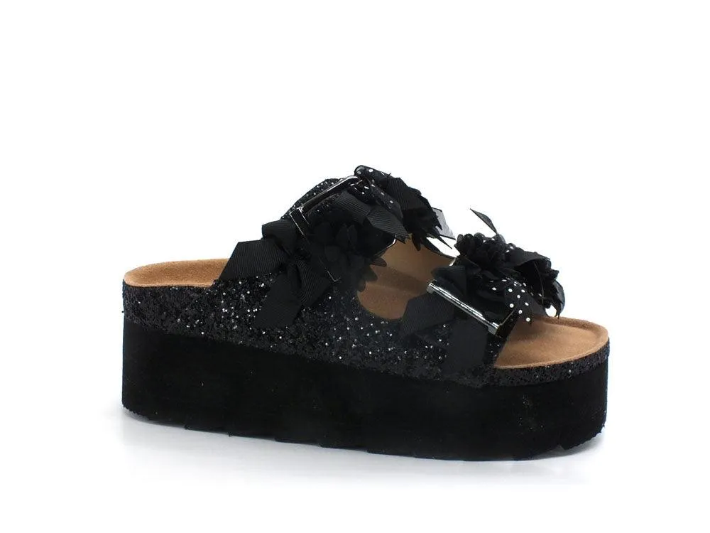 COLORS OF CALIFORNA Ciabatta Platform Fibbie Glitter Nero