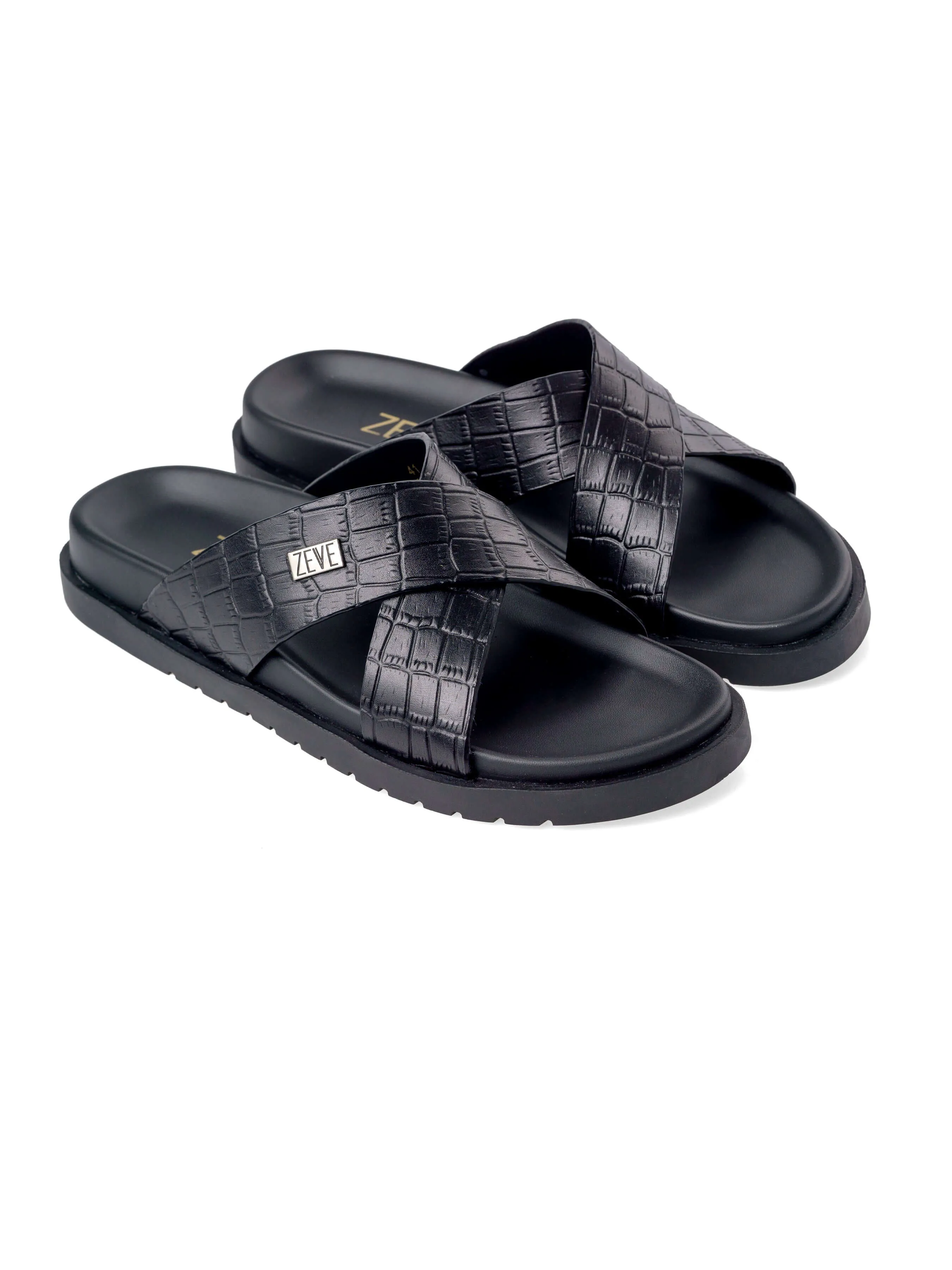 Cross Strap Riliv Sandal - Black Croco Leather