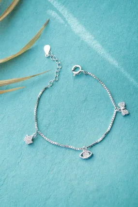 Crown Evil Eye And Bow Sterling Silver Chain Bracelet