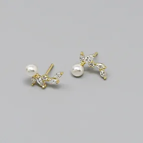 CZ Pave Gold Dipped Pearl Leaf Stud Earrings