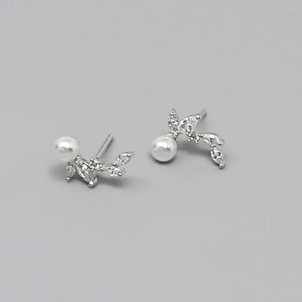 CZ Pave Gold Dipped Pearl Leaf Stud Earrings