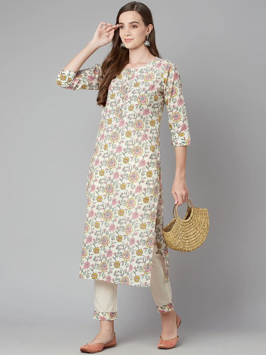 Divena Cream Floral Printed Cotton Kurta Pant Set