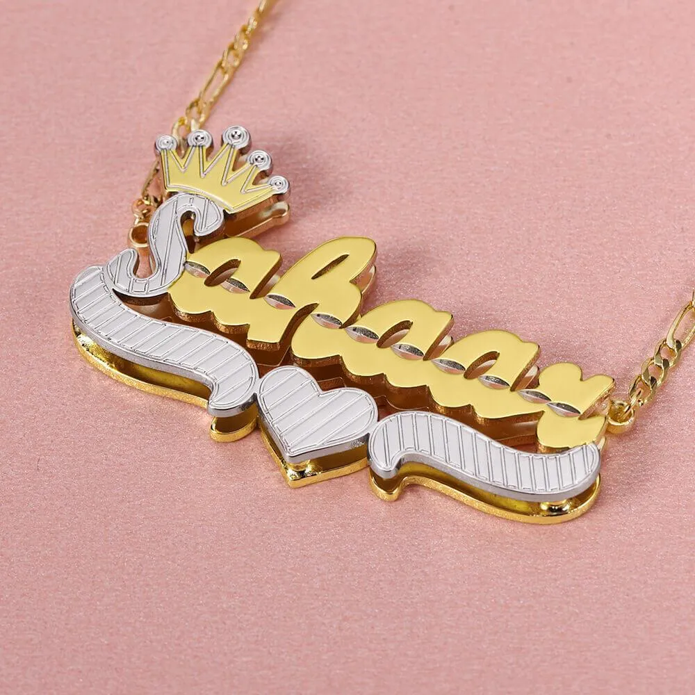 Double Layer Two Tone with Crown Heart Personalized Custom Gold Plated Name Necklace