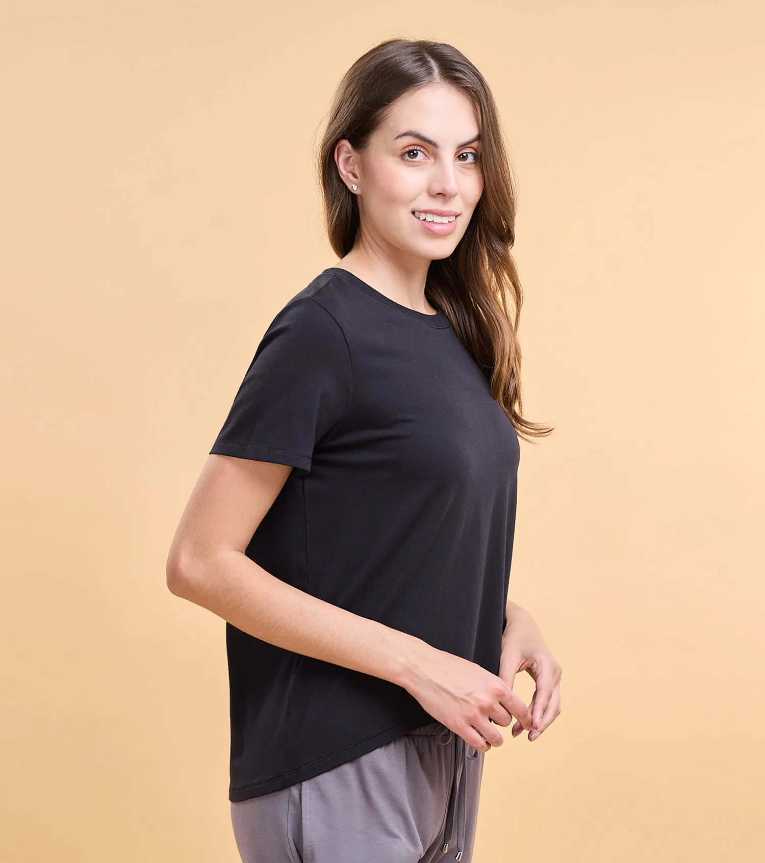 Enamor E305 High Low Tee Crew Neck Basic Stretch Cotton Tee