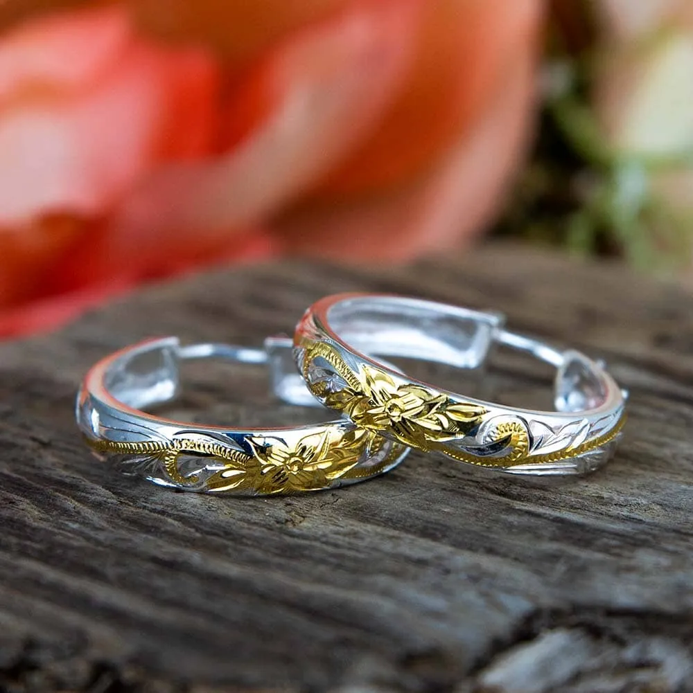 Engraved Plumeria Hoop Earrings