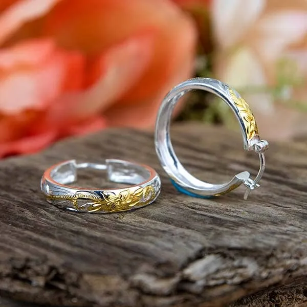 Engraved Plumeria Hoop Earrings