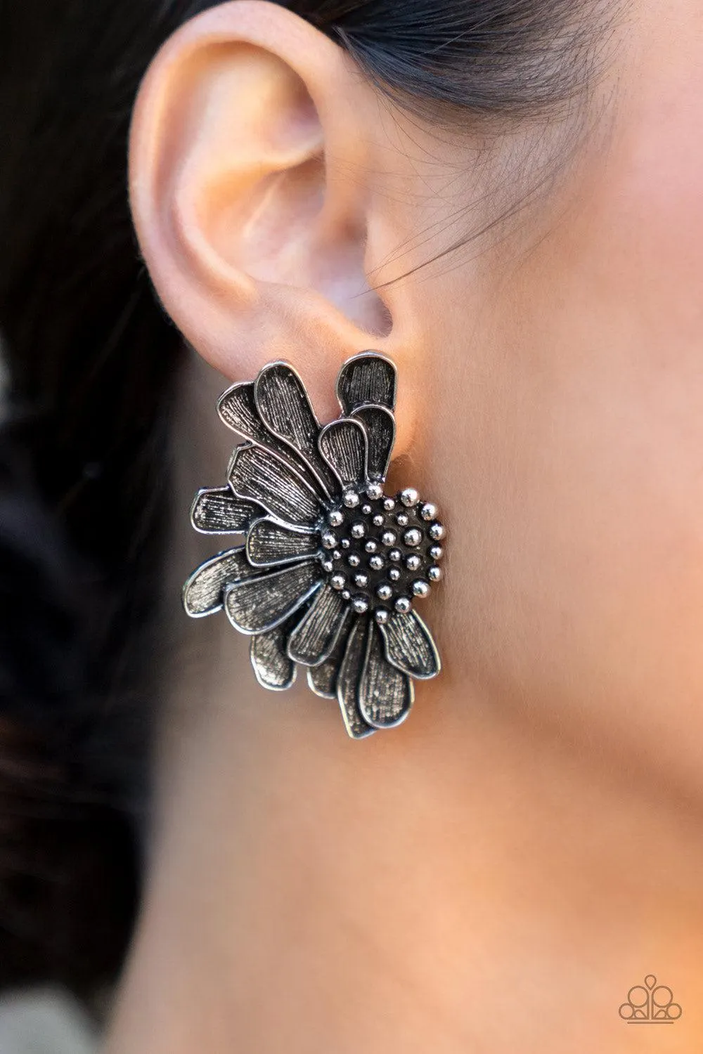 Farmstead Meadow Silver Flower Earrings - Paparazzi Accessories