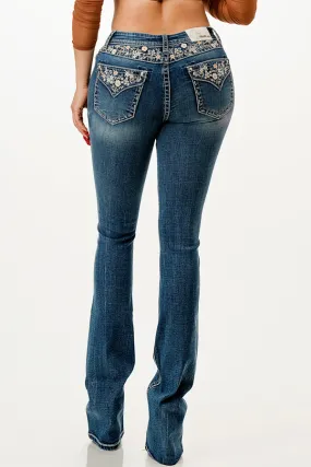 Floral Embroidery Yoke Detail Mid Rise Bootcut Jeans