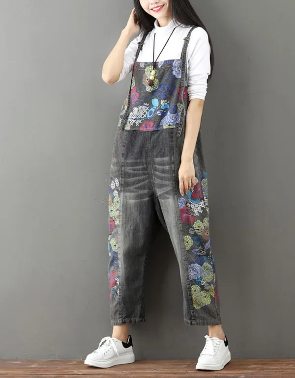 Flower Printed Denim Overalls Loose Retro Jumpsuit