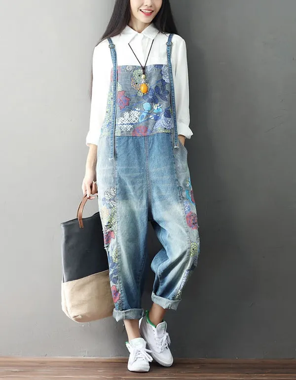 Flower Printed Denim Overalls Loose Retro Jumpsuit