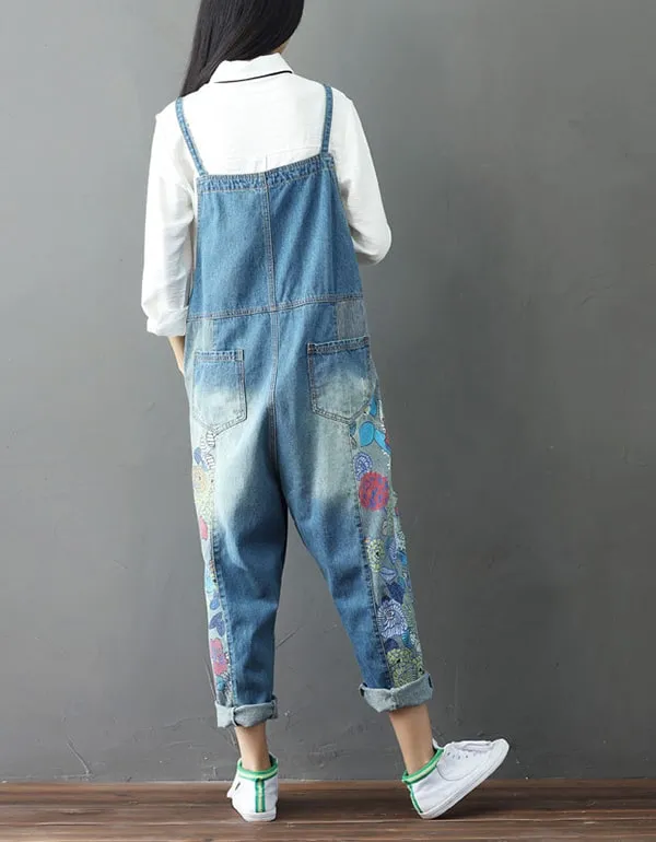 Flower Printed Denim Overalls Loose Retro Jumpsuit